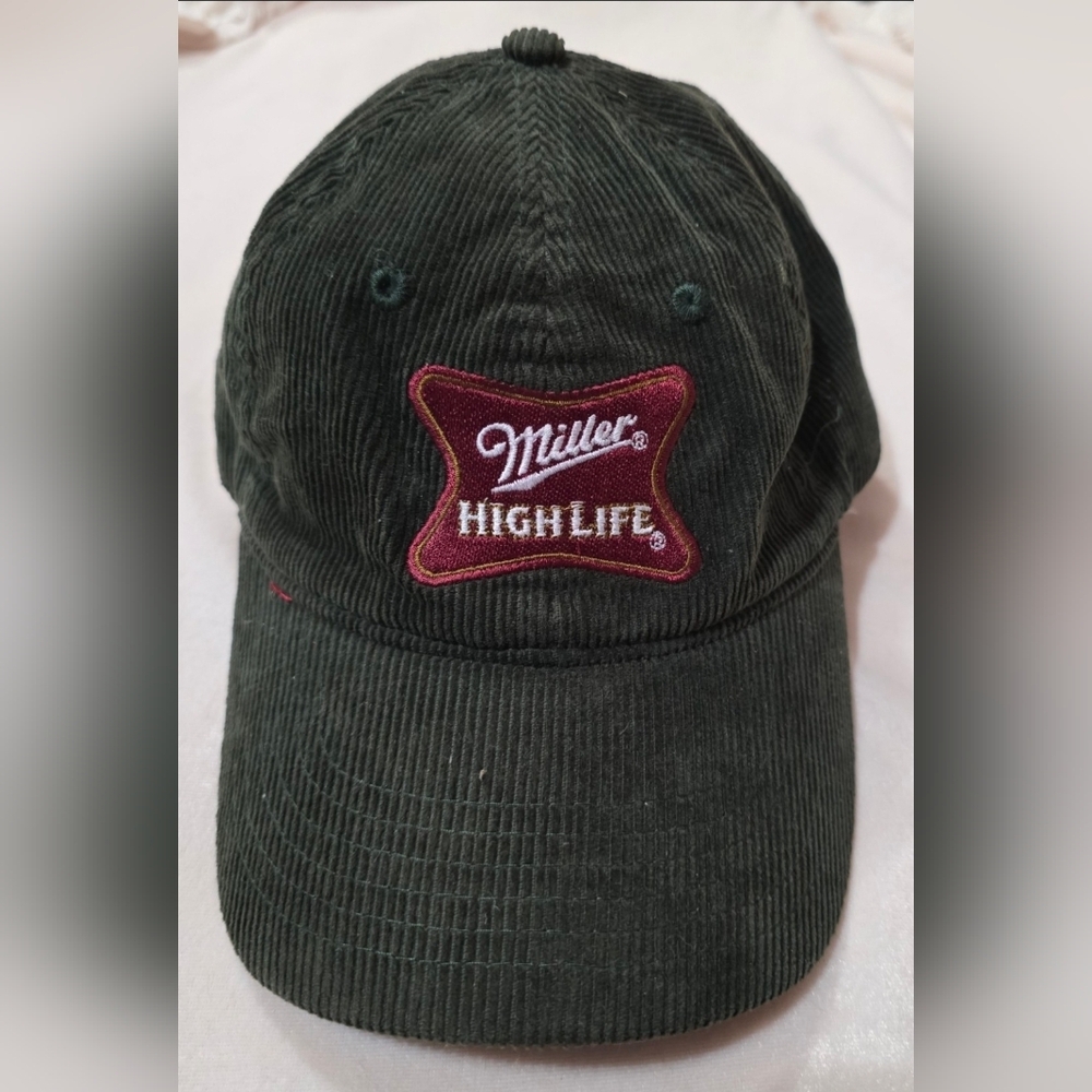 American Needle Roscoe corduroy Miller High Life hat in army green.